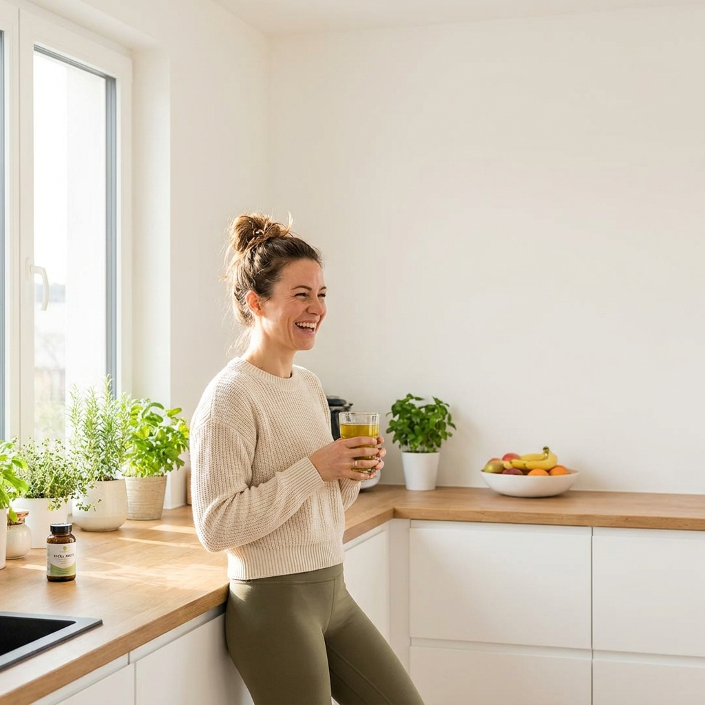 Woman enjoying Purevie yerba mate drink with natural energy
