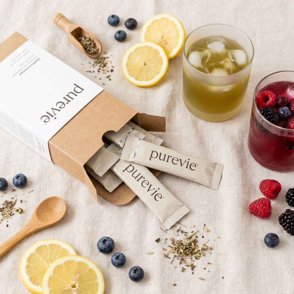 Purevie flat-lay with stick packs, energy and fiber drinks, fresh fruit