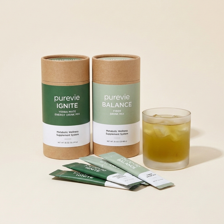 Purevie Ignite and Balance with stick packs and drink