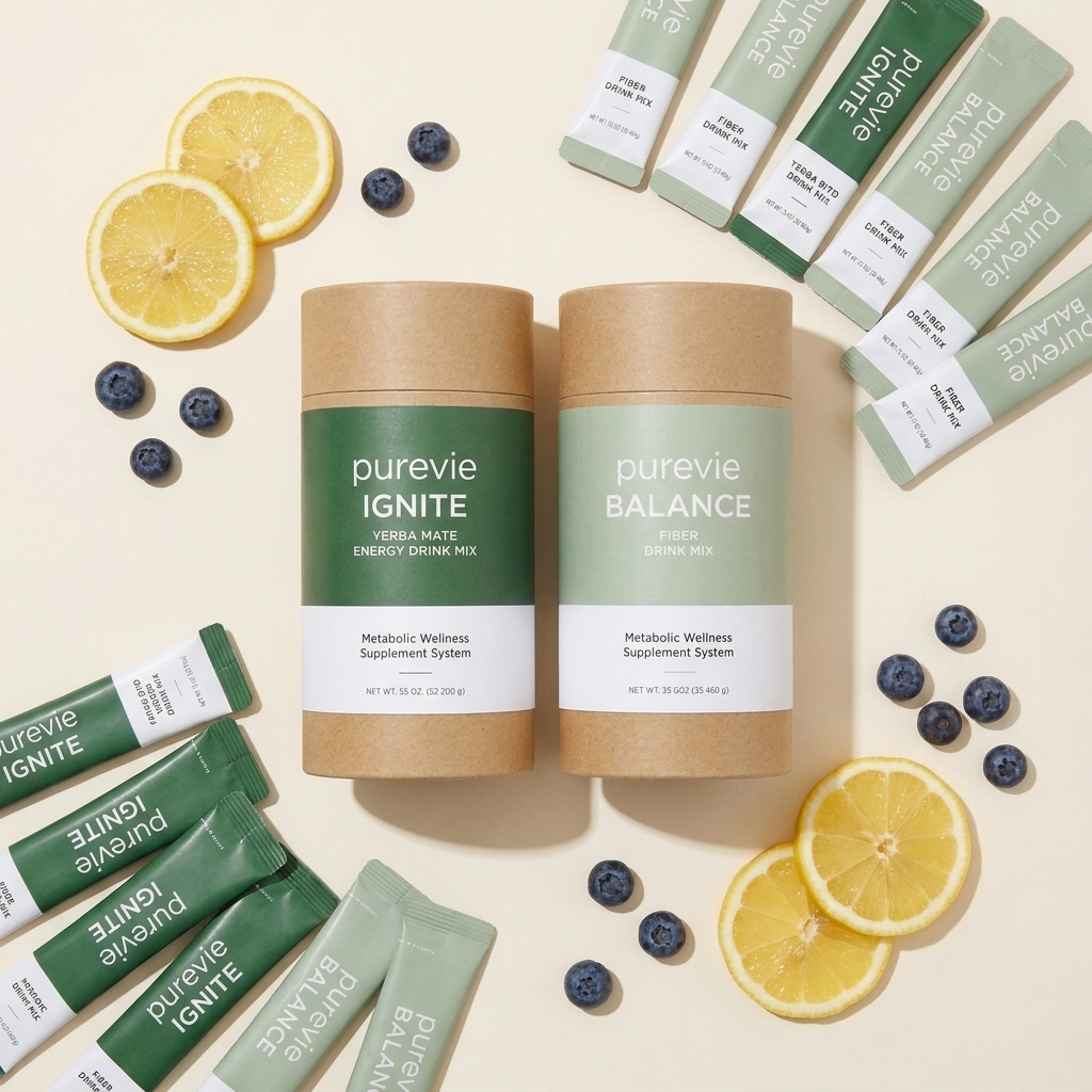 Purevie flat lay with stick packs and fresh fruit