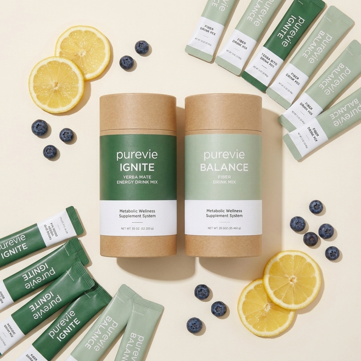 Purevie flat lay with stick packs and fresh fruit