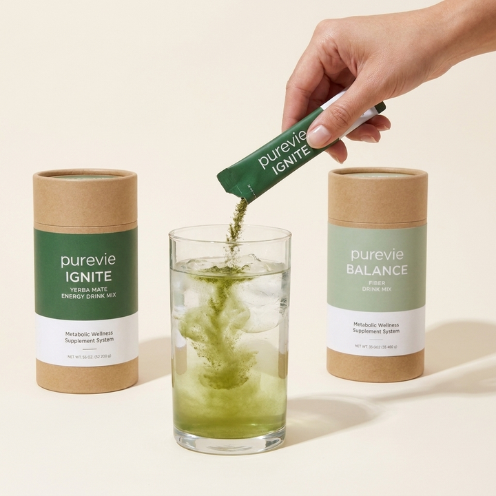 Pouring a Purevie stick pack into a glass of water